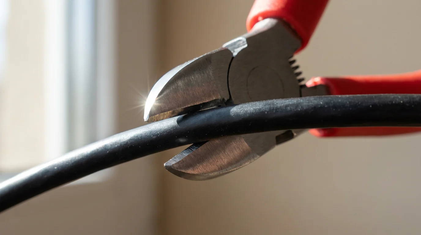 A macro photograph of wire cutters positioned to snip a black coaxial television cable.
