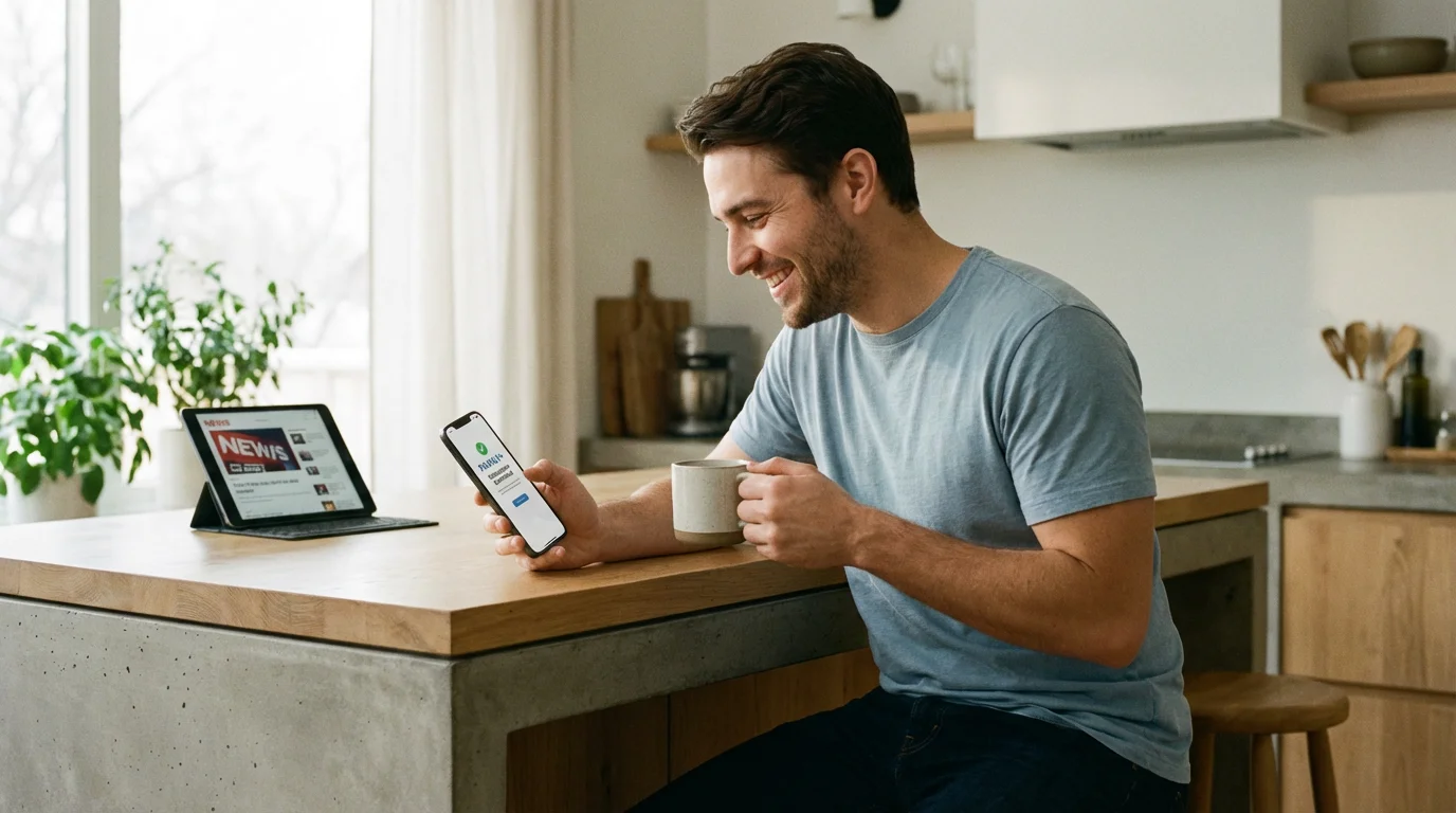A man looking at his smartphone with a satisfied expression in a bright, modern kitchen.