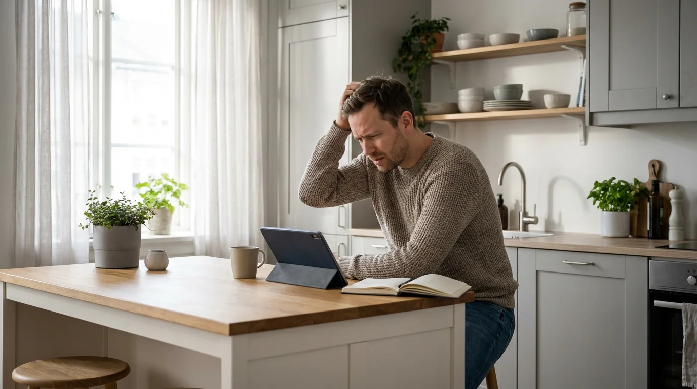A man looking confused while viewing a digital tablet at a kitchen counter.