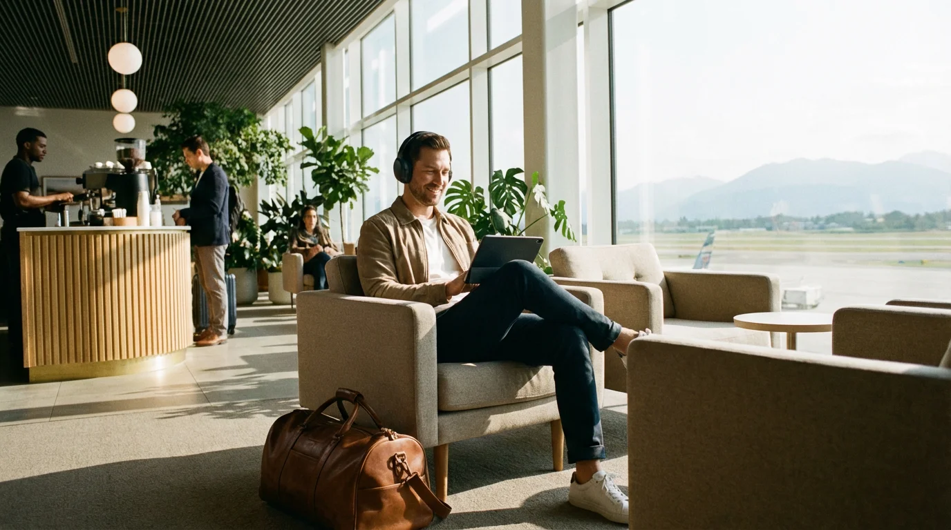 A man watches a video on his tablet in a bright public lounge, suggesting offline viewing.
