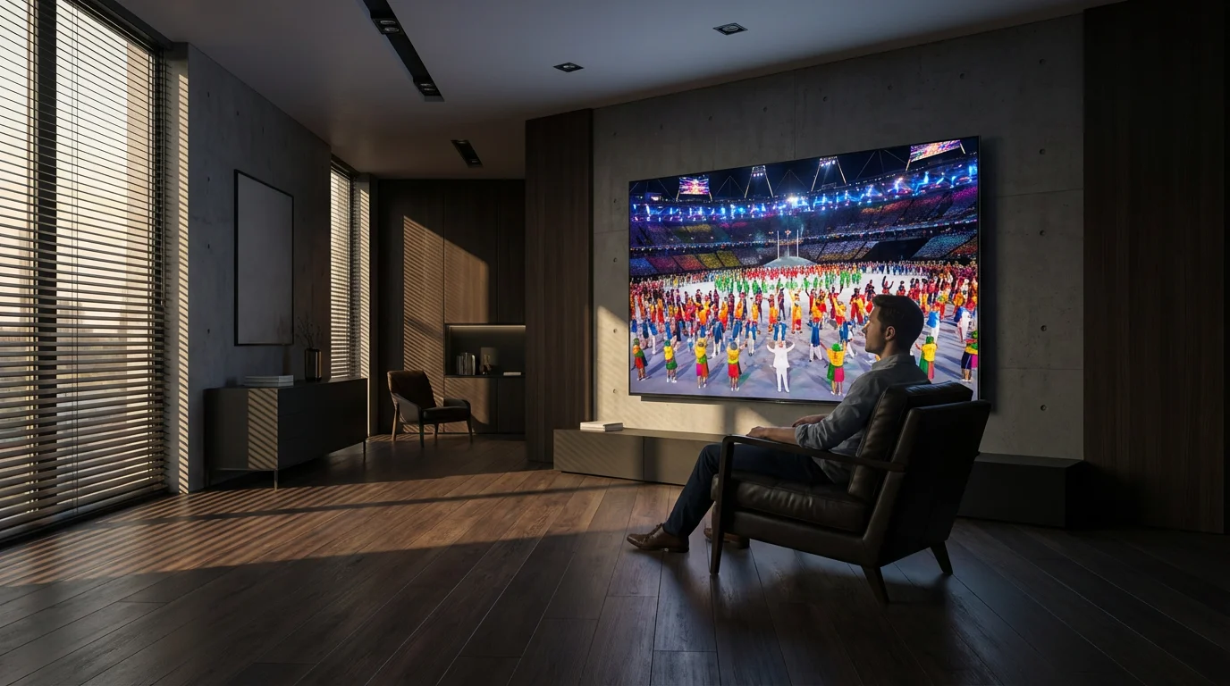 A man watching the vibrant Olympic opening ceremony on a huge 4K TV.