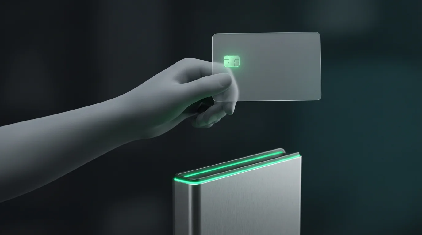A minimalist 3D render of a glowing digital wallet and a glass credit card.