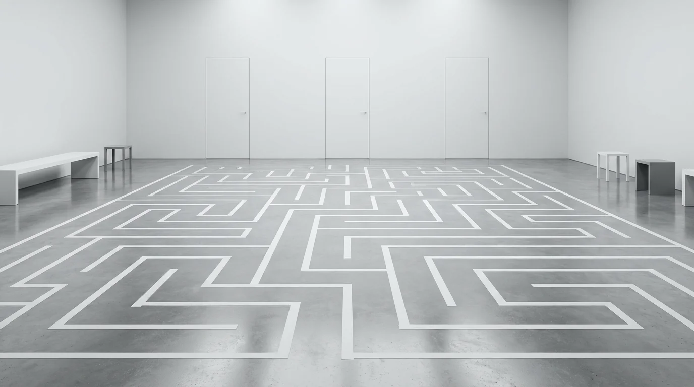 A minimalist room with a confusing tape maze on the floor leading to identical doors.