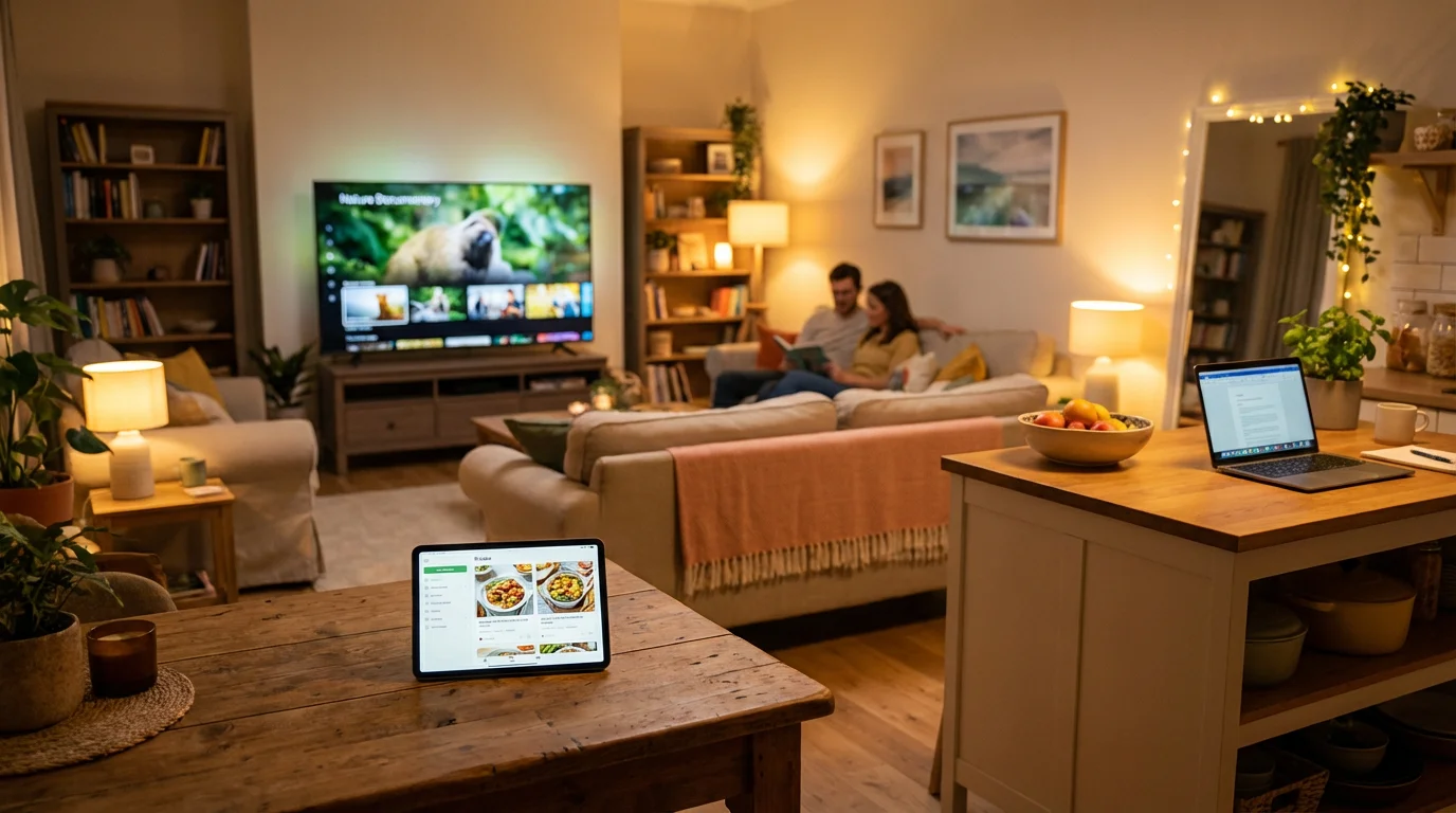A modern apartment showing multiple devices like a TV, tablet, and laptop in one space.