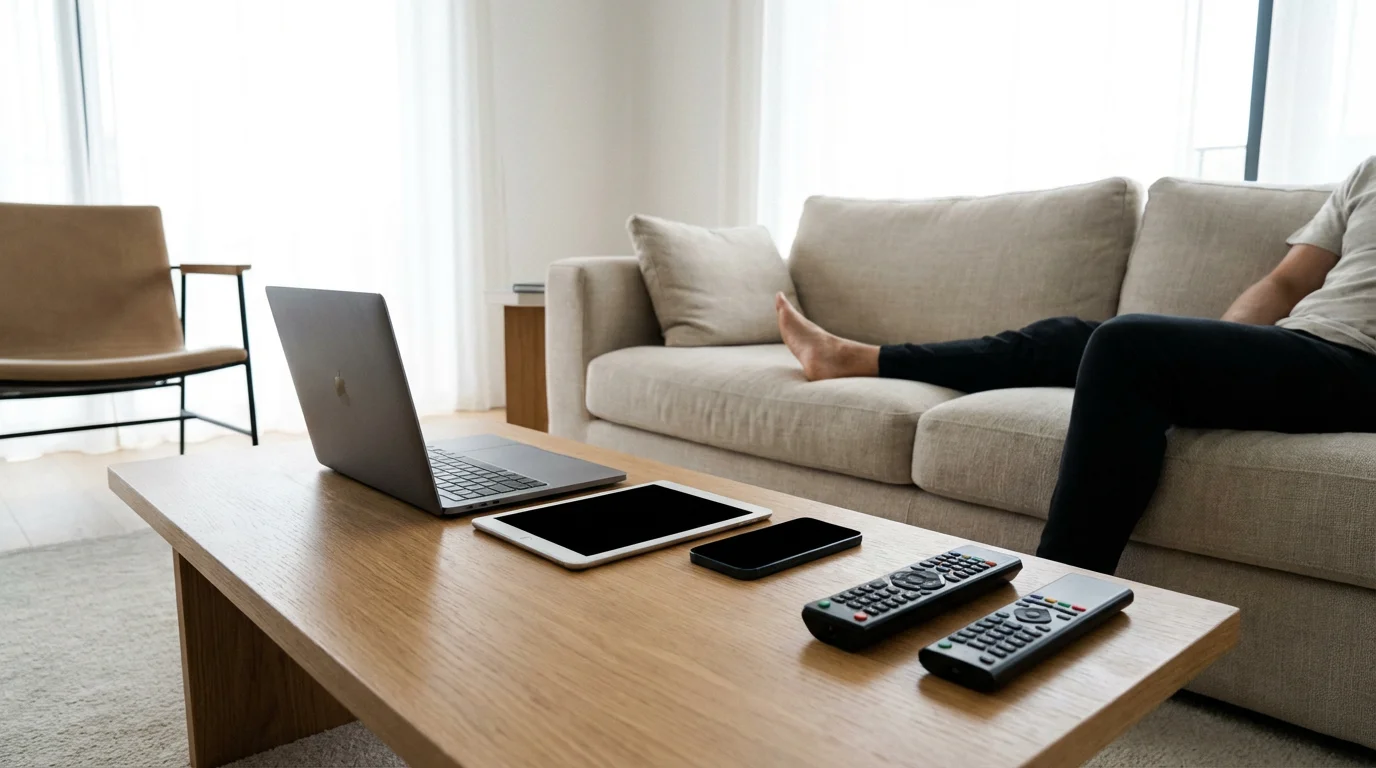 A modern coffee table with a laptop, tablet, smartphone, and various streaming remotes.