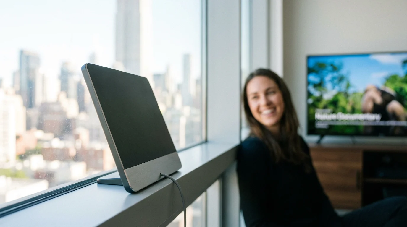 A modern digital TV antenna mounted on a window with a blurred city background.