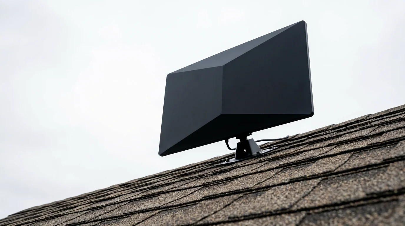 A modern digital TV antenna on a house roof against a bright overcast sky.