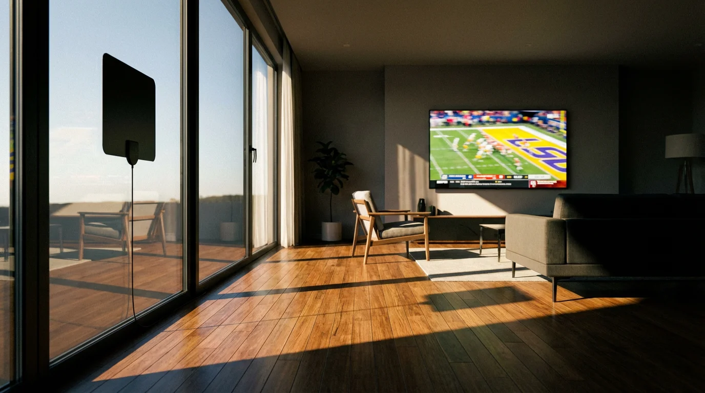 A modern, flat OTA antenna on a window in a living room casting shadows.
