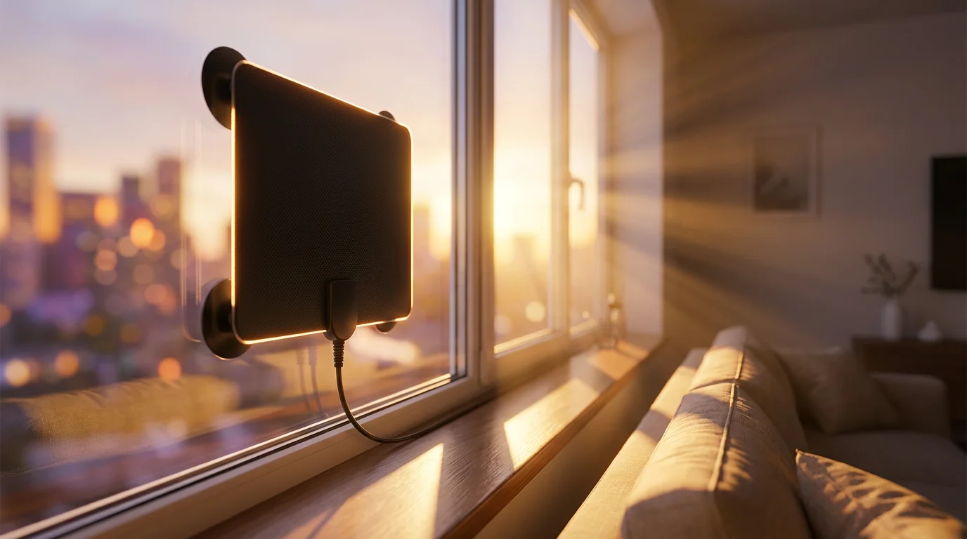 A modern, flat TV antenna on a window during a warm, golden sunset.