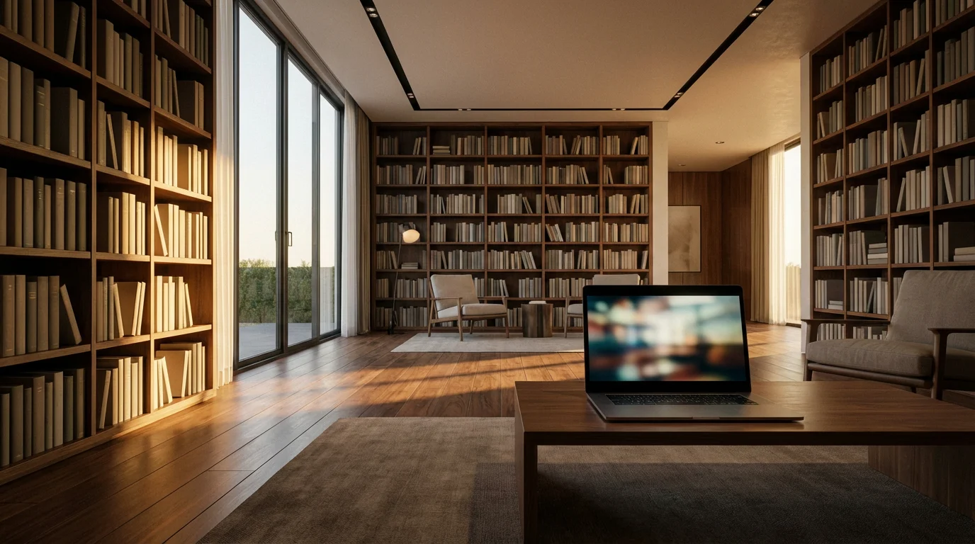 A modern home library at golden hour with an open laptop streaming content.