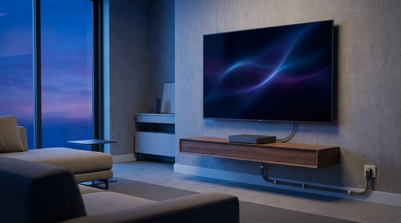 A modern living room media center with a hardwired ethernet connection for optimal streaming.