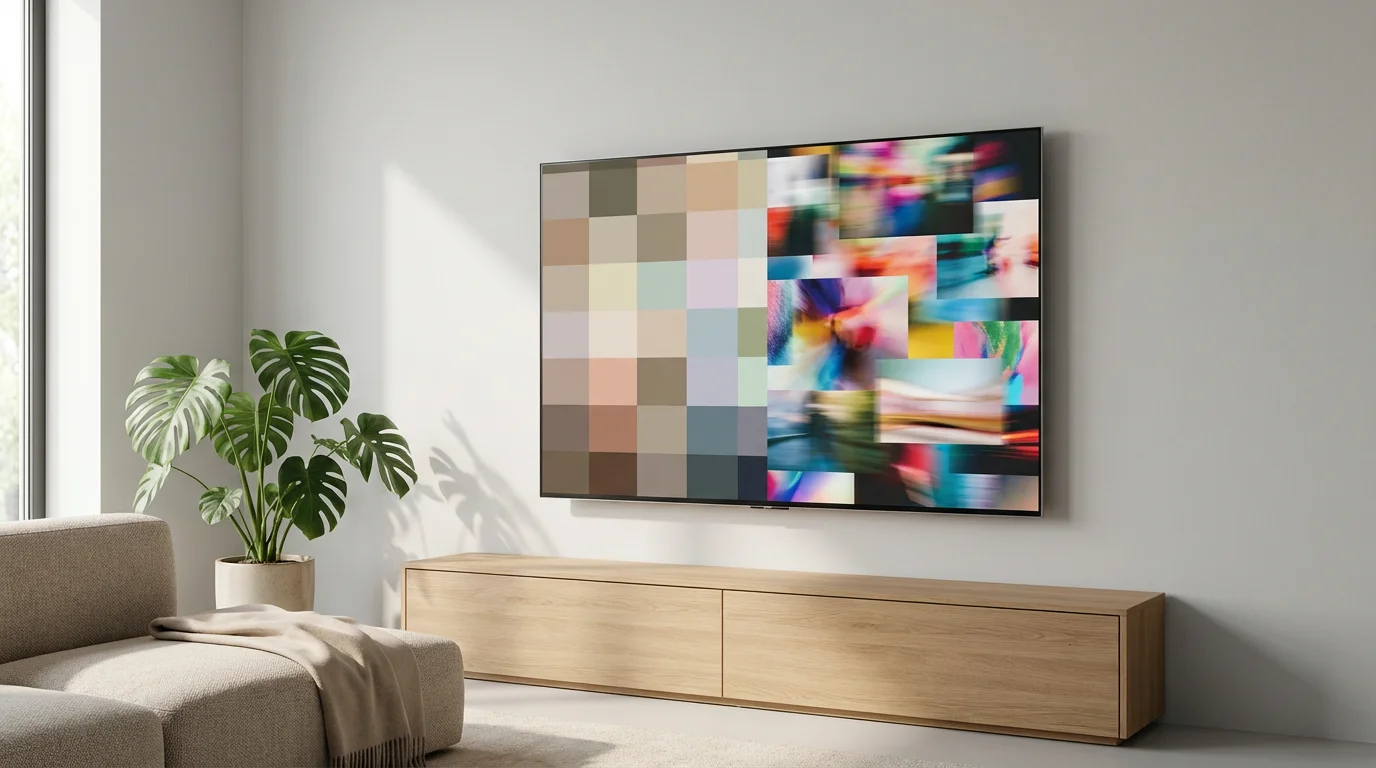 A modern living room TV showing a split-screen comparing a grid versus a content-forward interface.