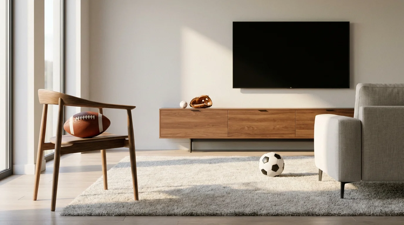 A modern living room with an American football, soccer ball, and baseball gear.