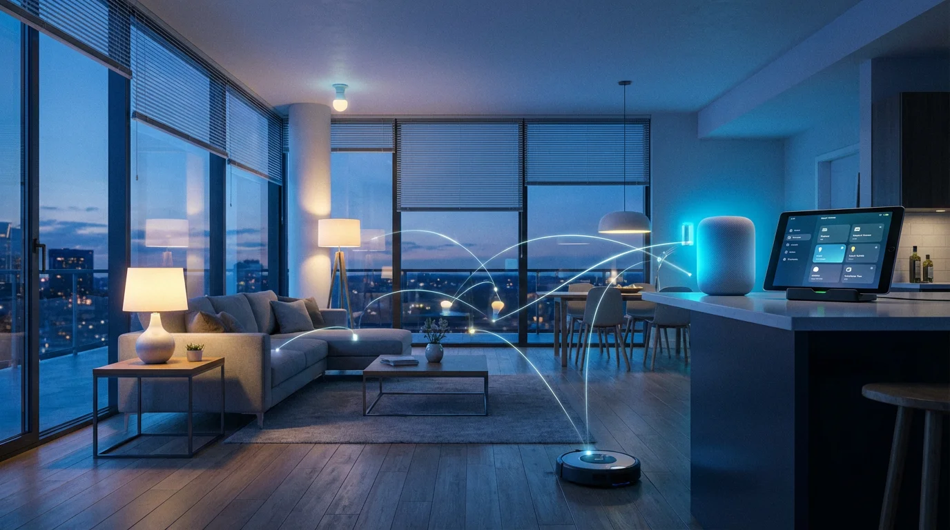 A modern smart home interior at dusk with various connected devices glowing softly.