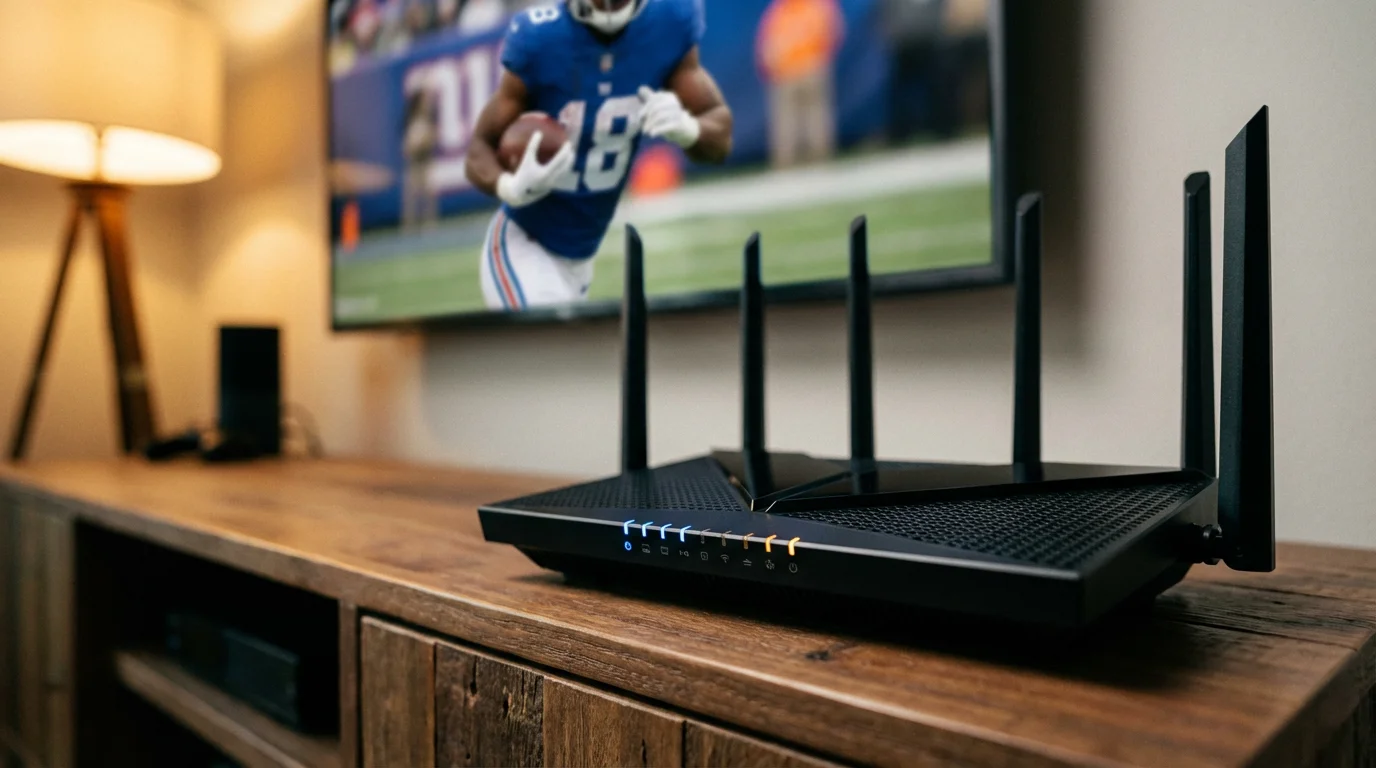 A modern Wi-Fi router on a wooden stand with a blurred football game on a TV in the background.