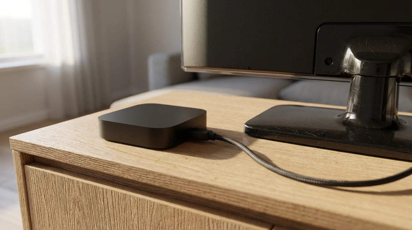 A new streaming media box connected to an older television on a media console.