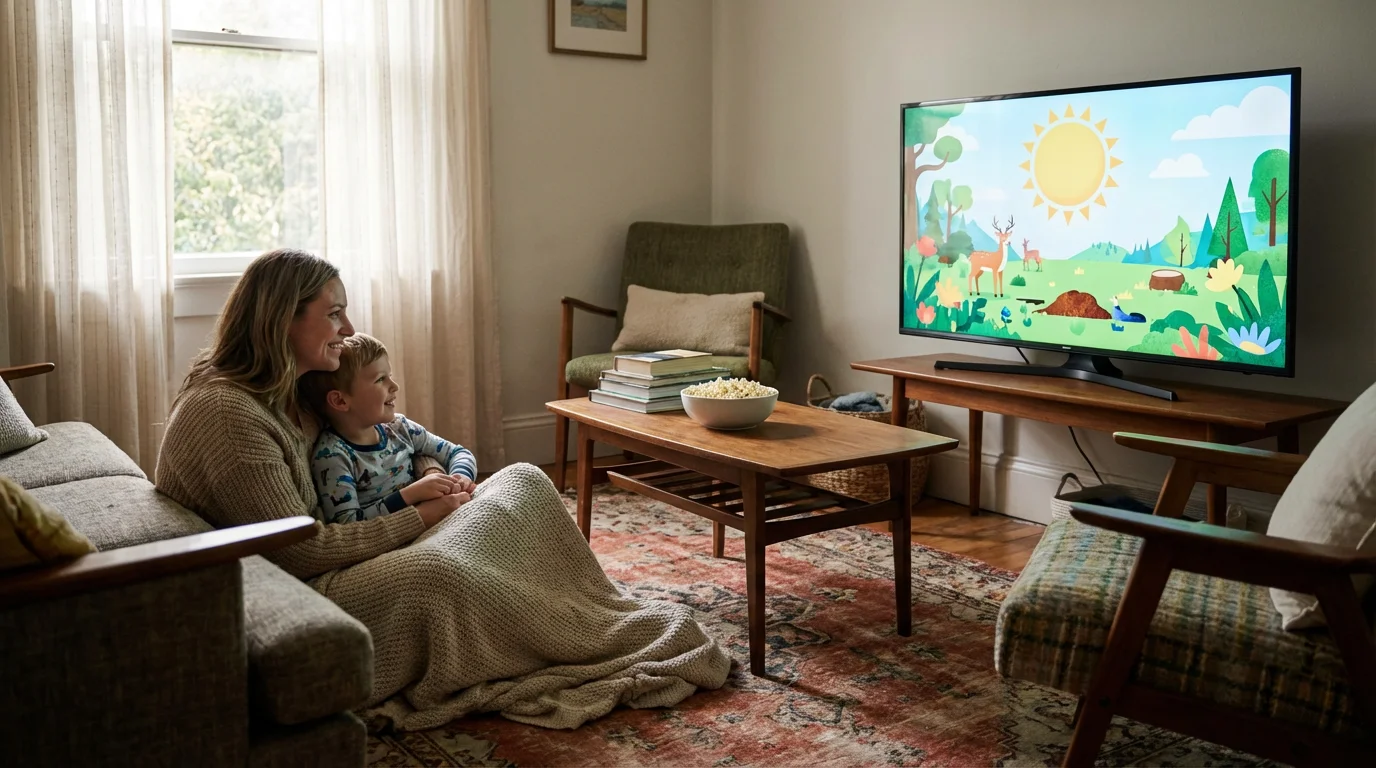 A parent and child watching a family-friendly TV show together in a cozy living room.