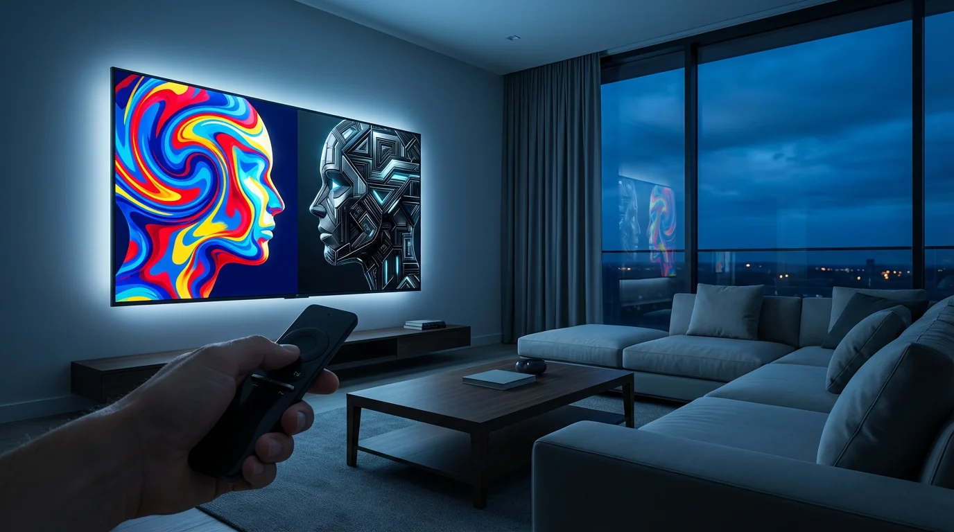 A parent in a dimly lit living room using a remote to select a profile on a TV.