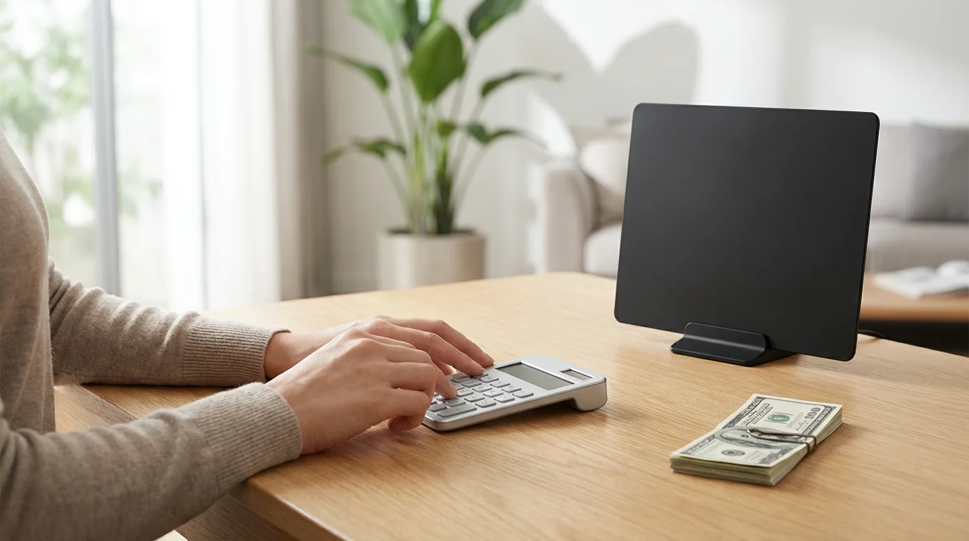 A person at a desk with a calculator, a modern TV antenna, and a stack of cash.