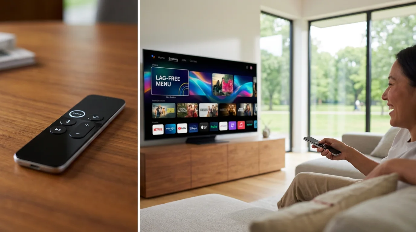 A person enjoying a fast, responsive menu on their TV using a streaming stick.