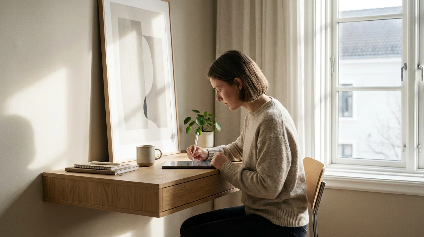 A person focused on a tablet at a minimalist desk, representing a digital transition.