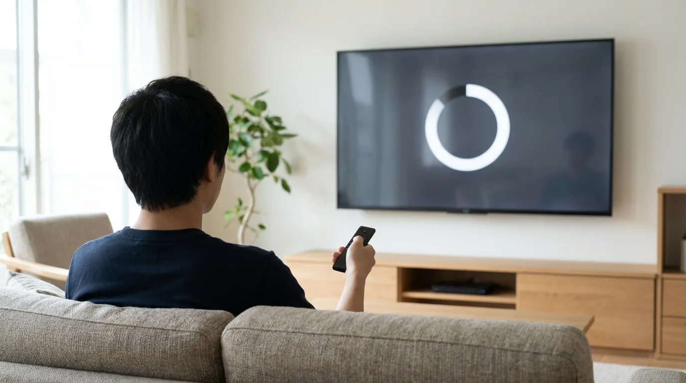 A person from behind holding a remote, updating a smart TV with a progress bar.