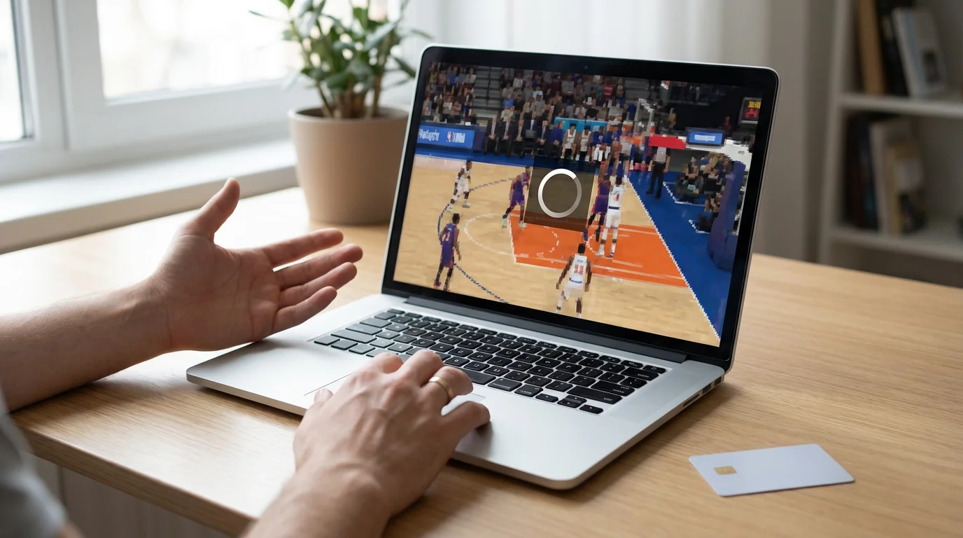 A person frustrated with a pixelated, buffering sports stream on a laptop, with a credit card nearby.