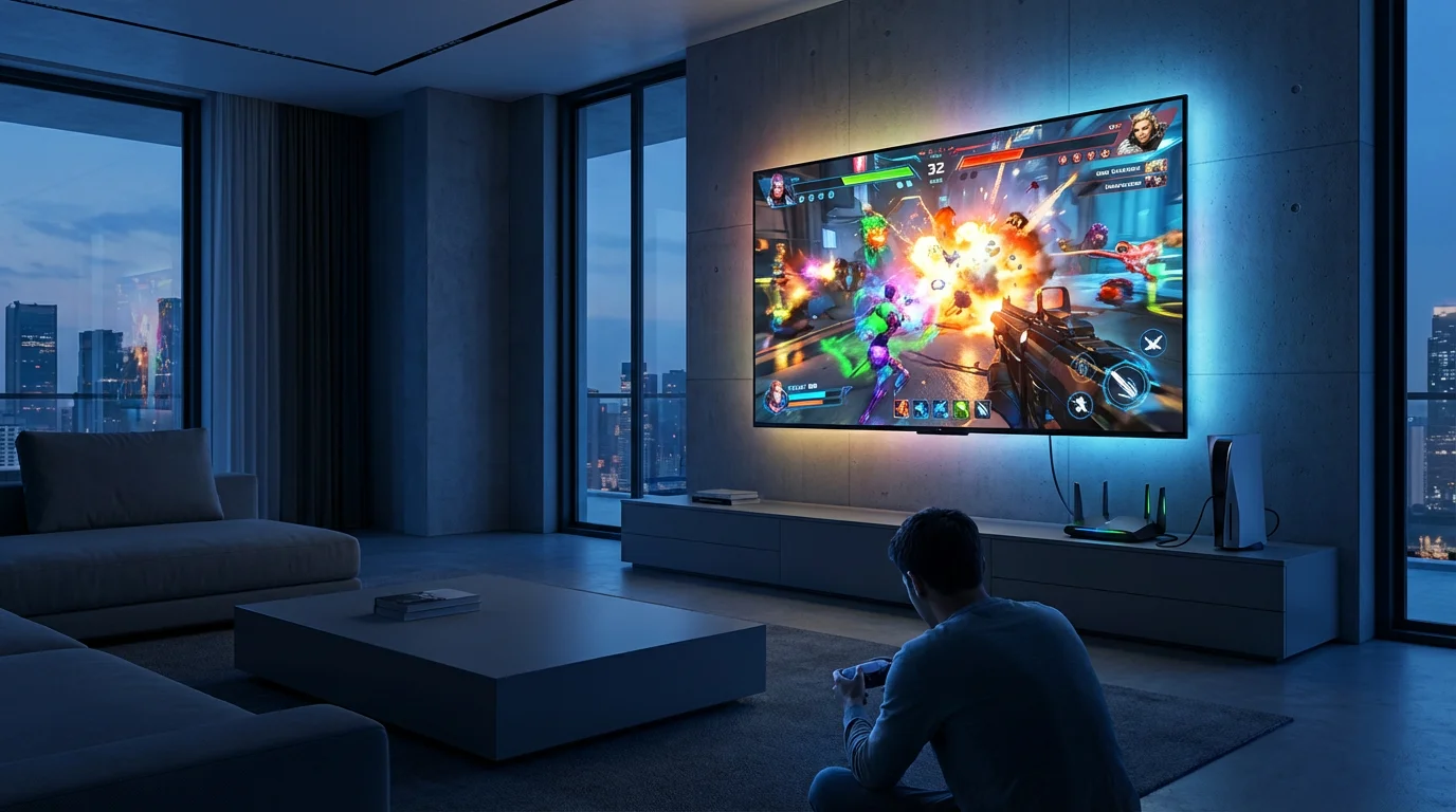 A person gaming on a large screen in a modern living room at dusk.