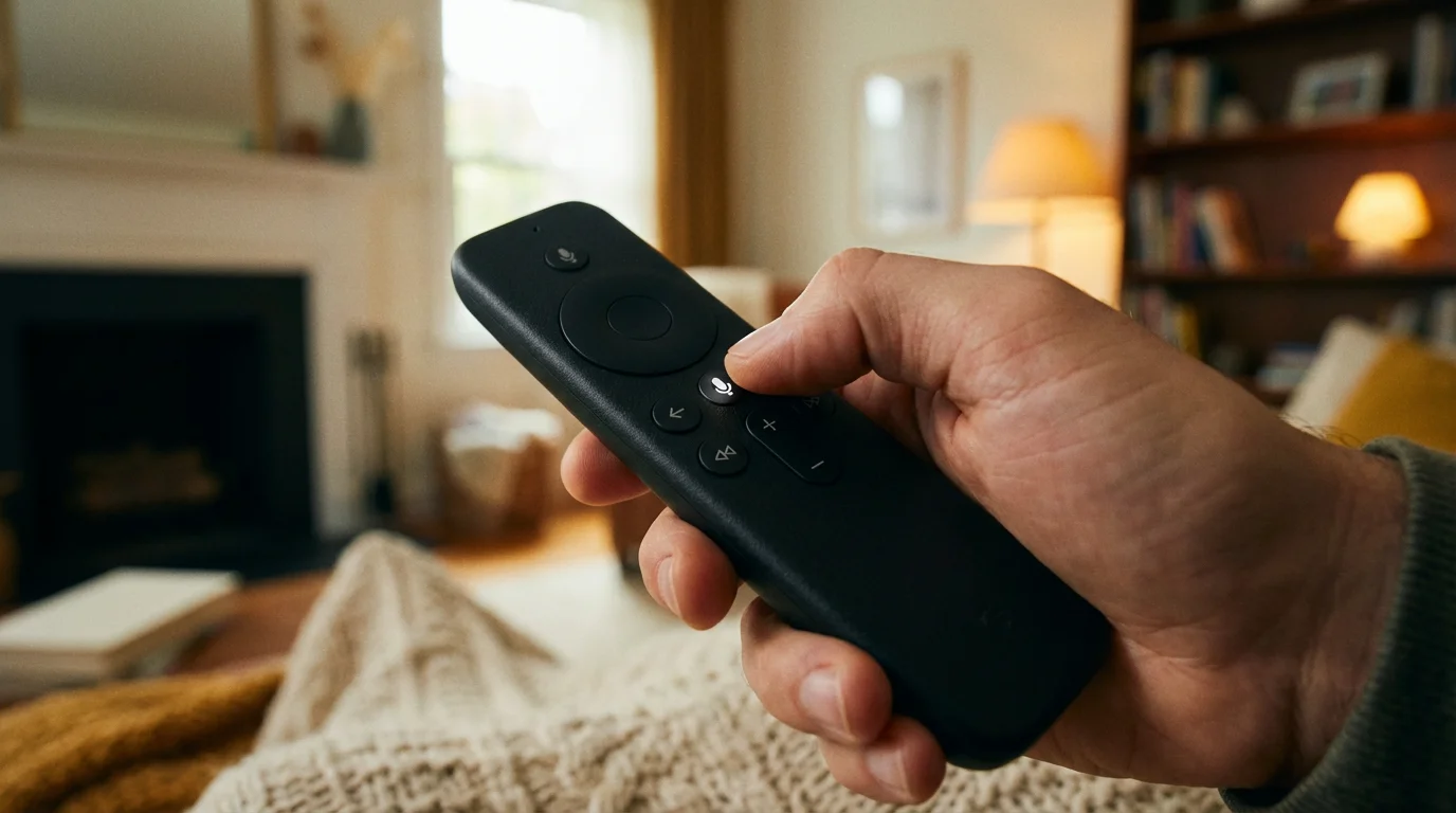 A person holding a sleek black streaming remote with voice control functionality.