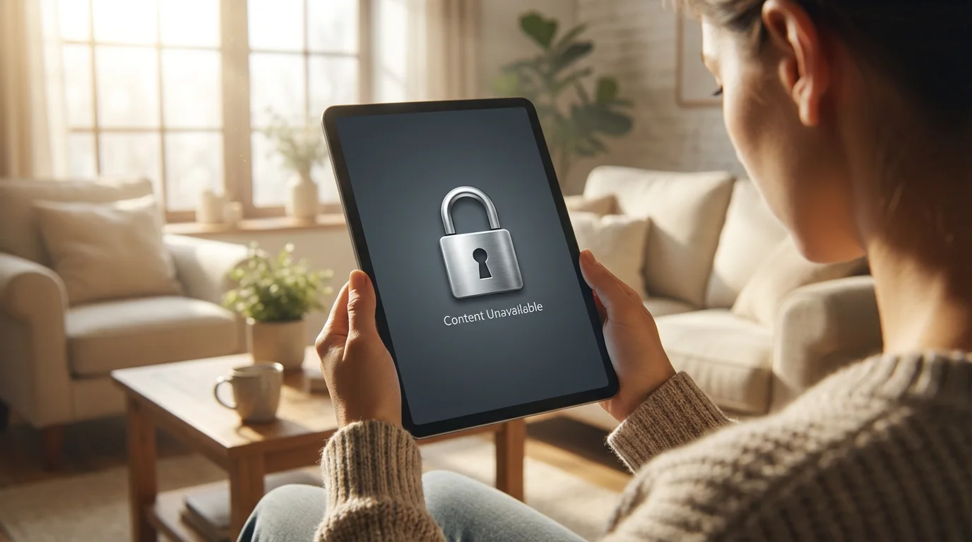 A person holds a tablet showing a lock icon, symbolizing a sports streaming blackout.