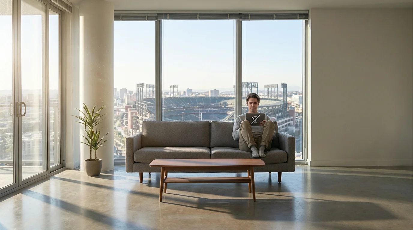 A person in a modern apartment looks at a tablet with an error, a sports stadium visible outside.