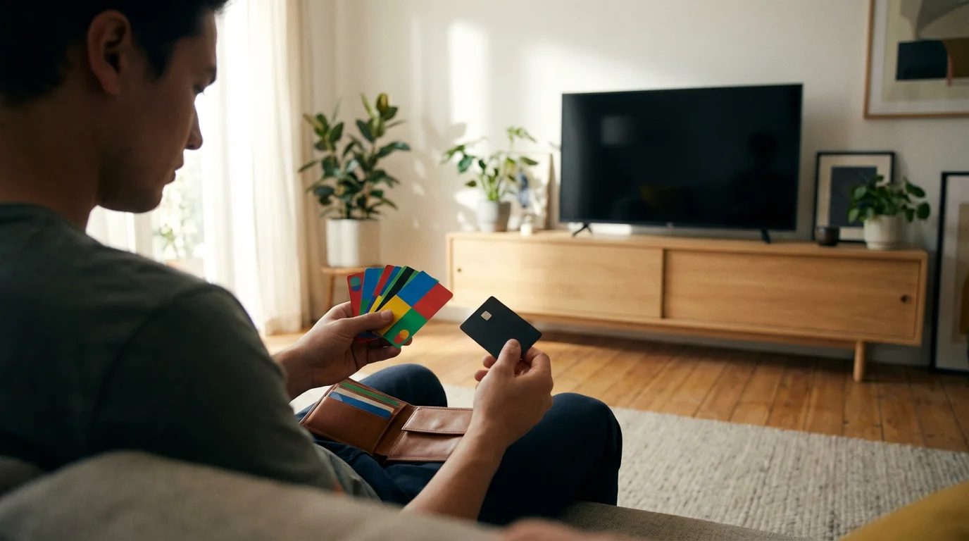 A person in a sunlit living room swaps several colorful cards for one black one.