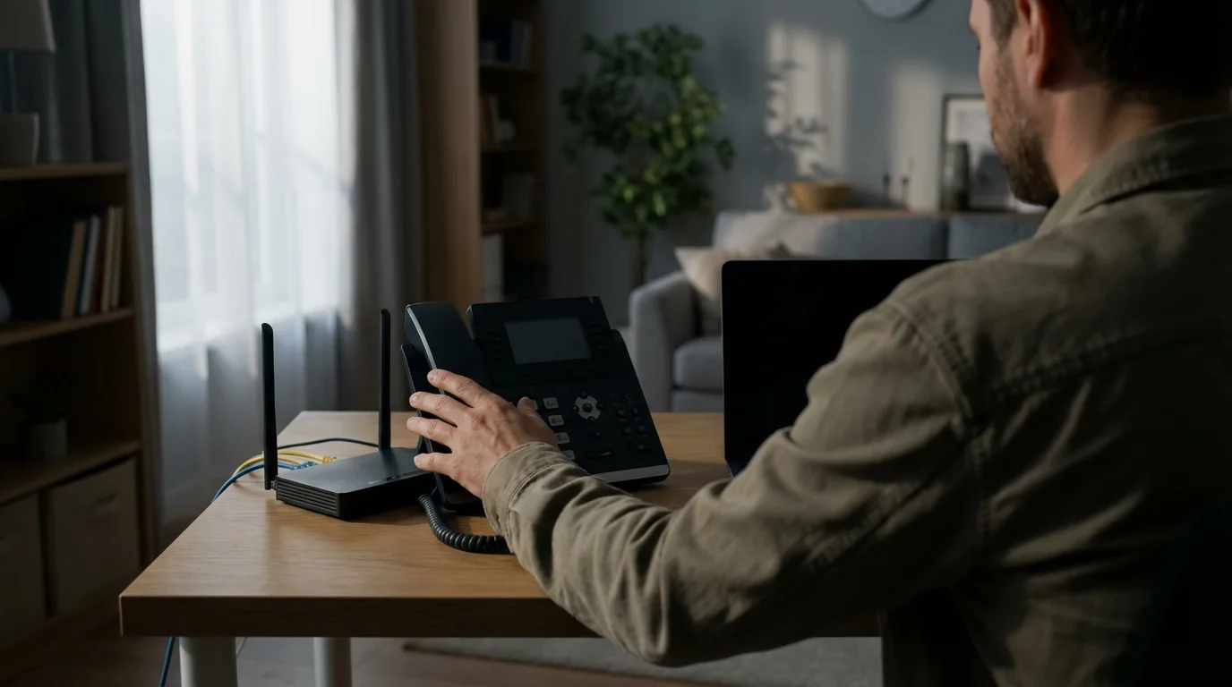 A person looking at a dead VoIP phone and internet router during a power outage.