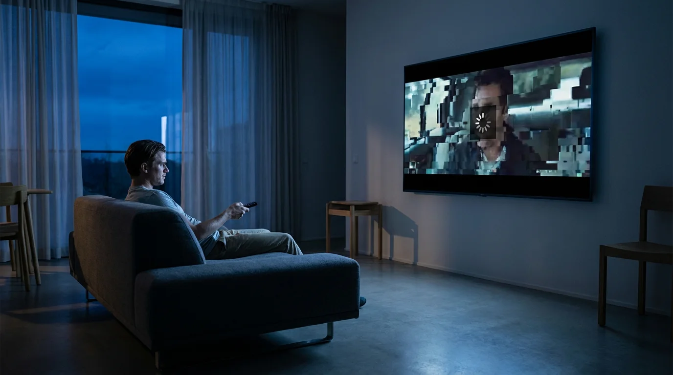 A person looking at a pixelated, buffering television screen during the evening.