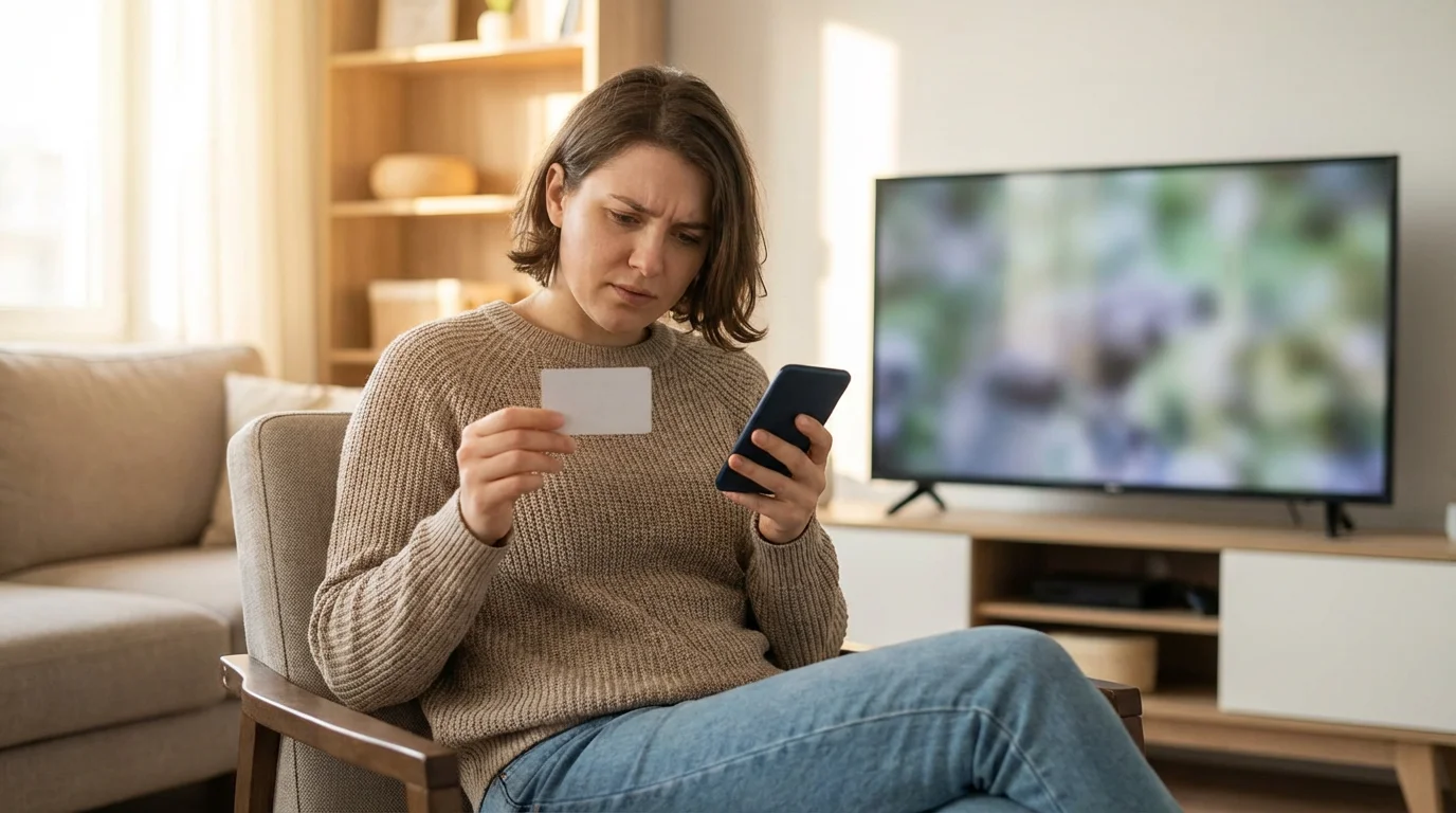 A person looking confused while holding a smartphone and credit card in a living room.