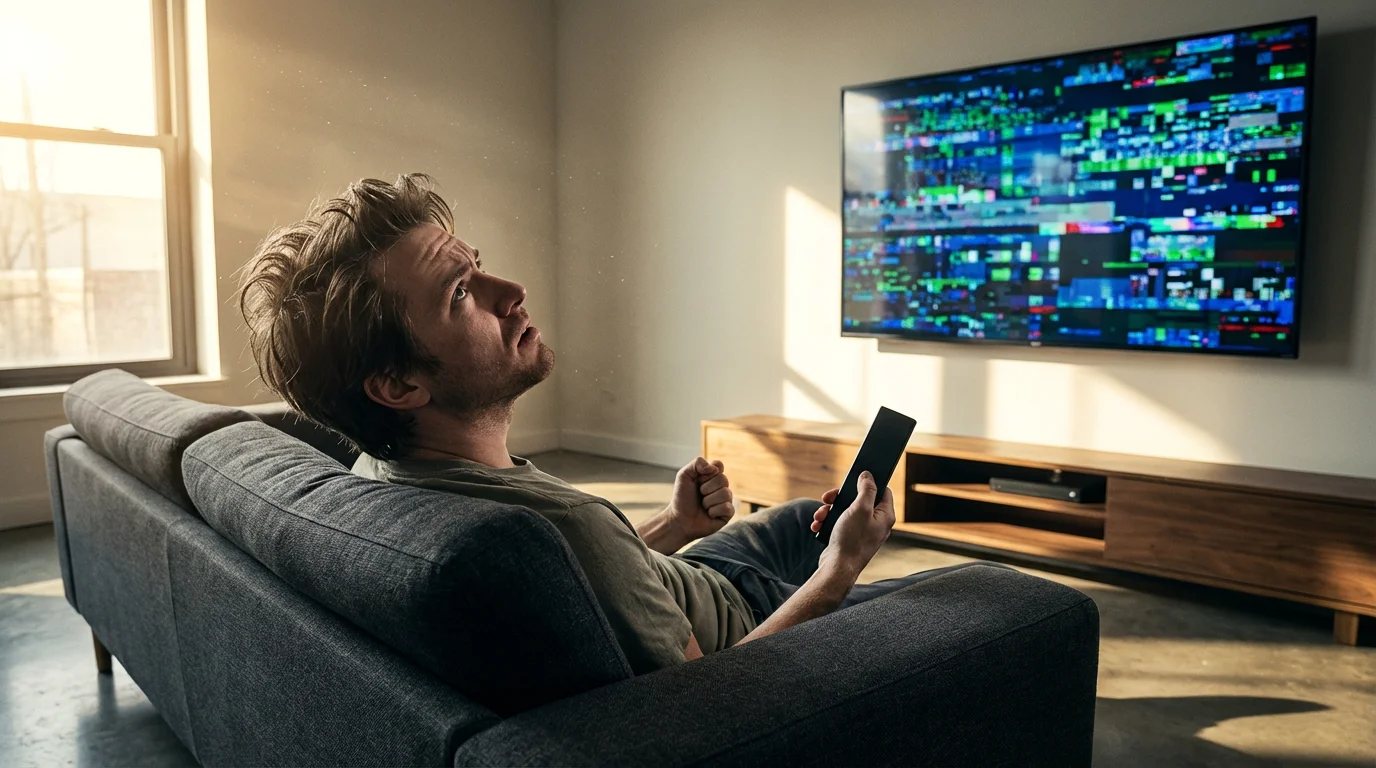 A person looks frustrated at a television displaying a glitch pattern in their living room.