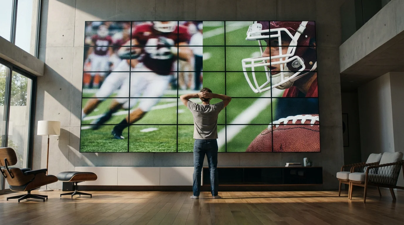 A person looks up at a wall of multiple screens showing different football games.