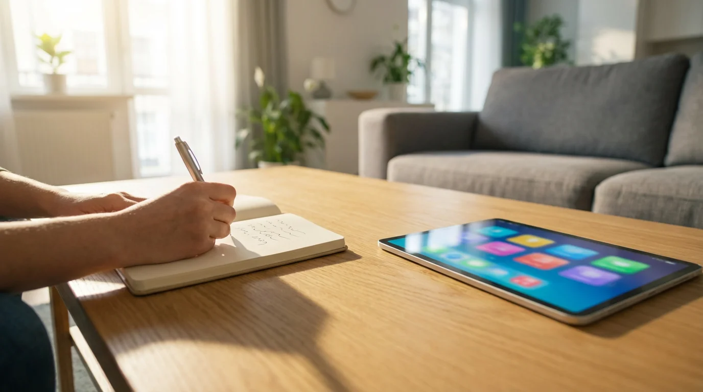 A person makes a list in a notebook to plan their switch to streaming.