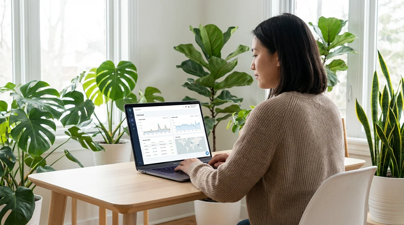 A person monitors their internet bandwidth on a laptop in a bright, modern home office.