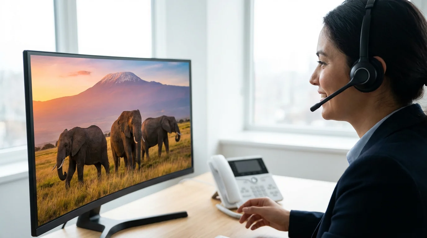 A person on a headset call watching a 4K video on their monitor.