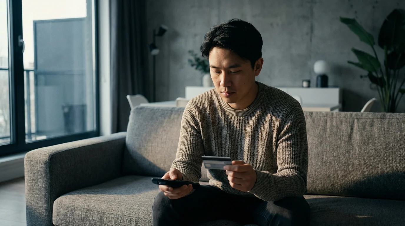 A person on a sofa holds a TV remote and a credit card, considering costs.