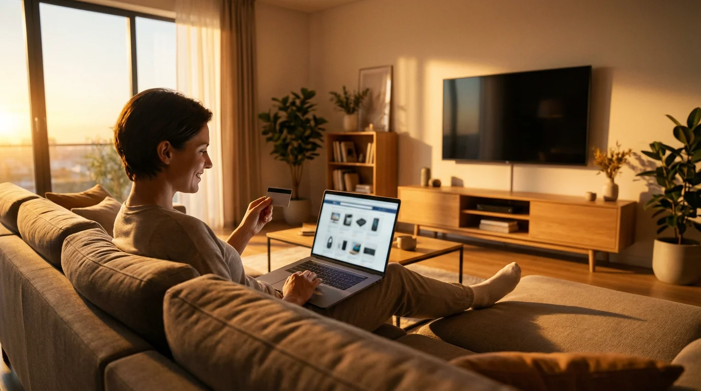 A person on a sofa in a sunny living room, buying electronics online.