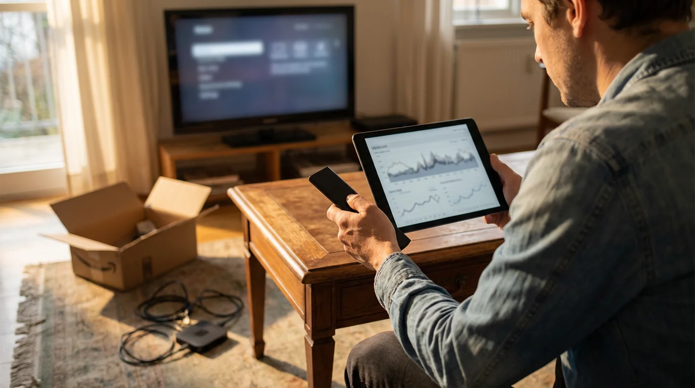 A person on a sofa uses a tablet to compare specs while testing a streaming device.