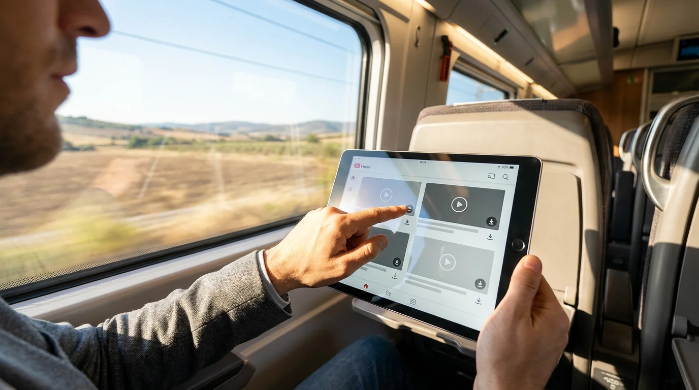 A person on a train uses a tablet to download a video for offline viewing.