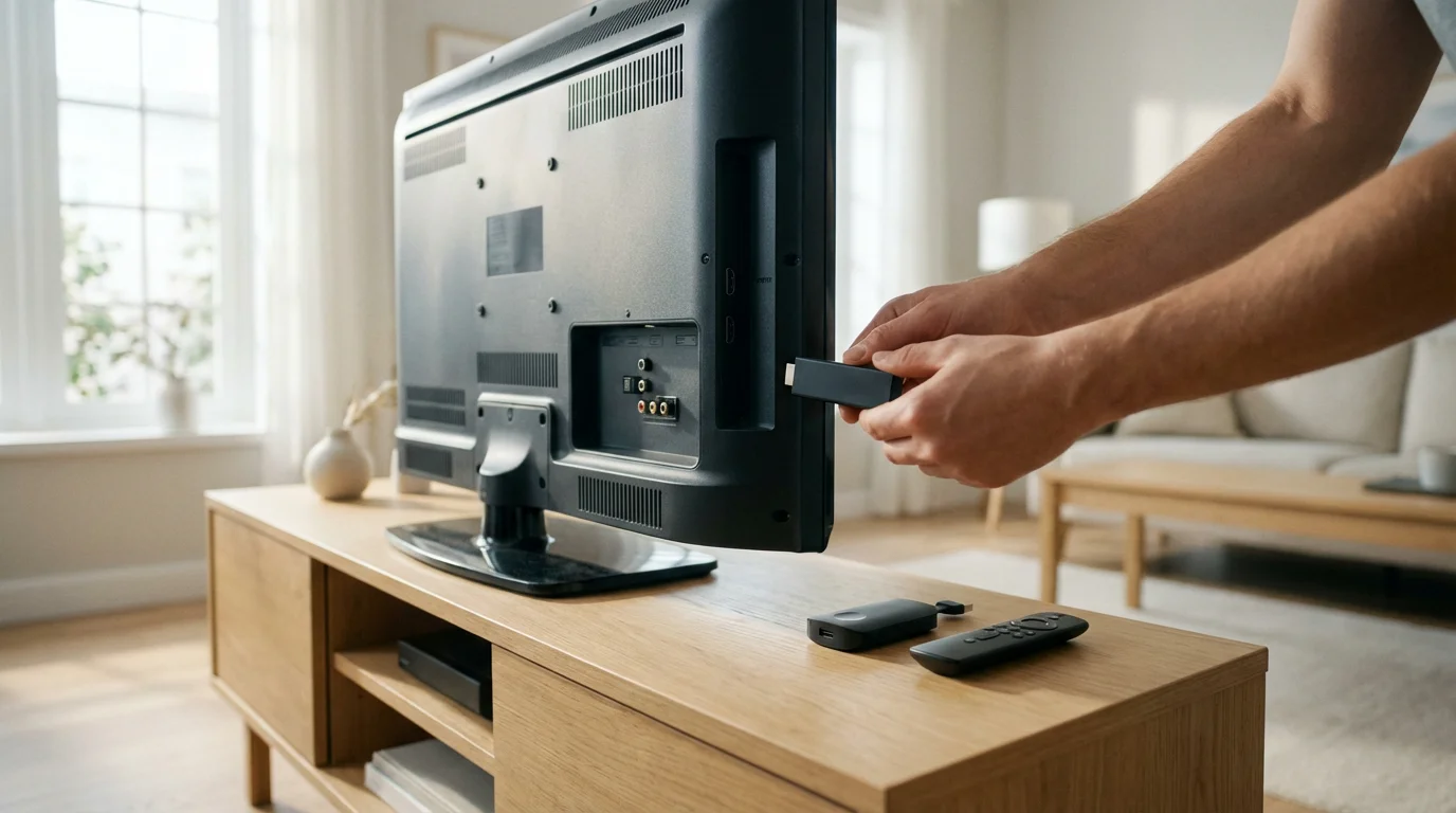 A person plugging a modern streaming stick into the HDMI port of an older television.