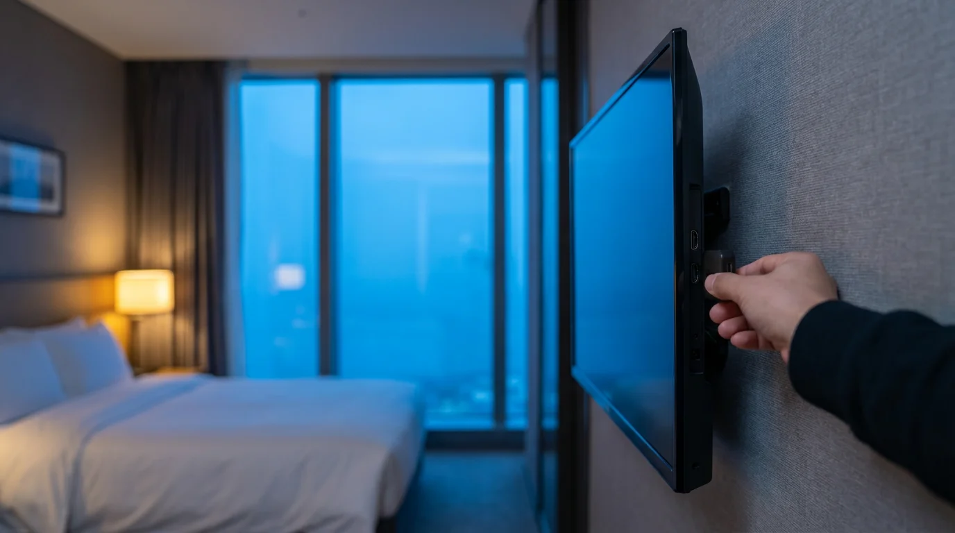 A person plugging a portable streaming stick into the back of a hotel TV.