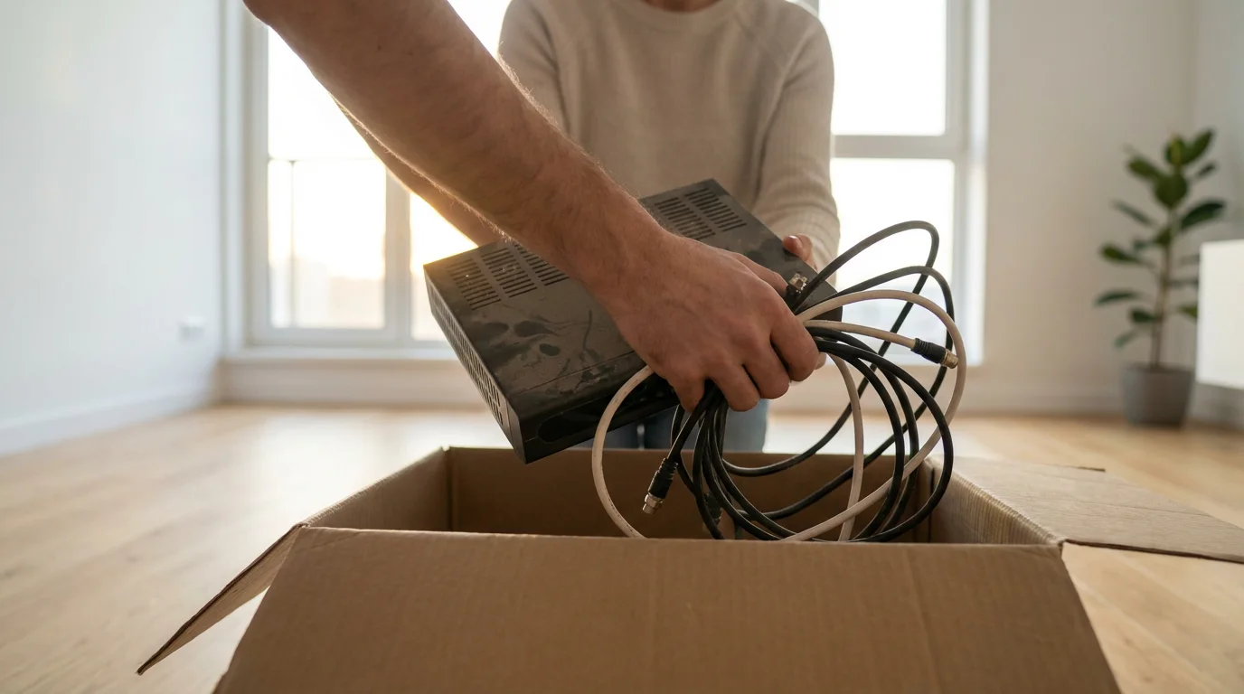 A person puts an old cable box and wires into a cardboard box.