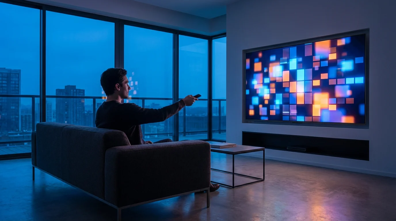 A person quickly navigates a TV menu with a remote in a modern living room.