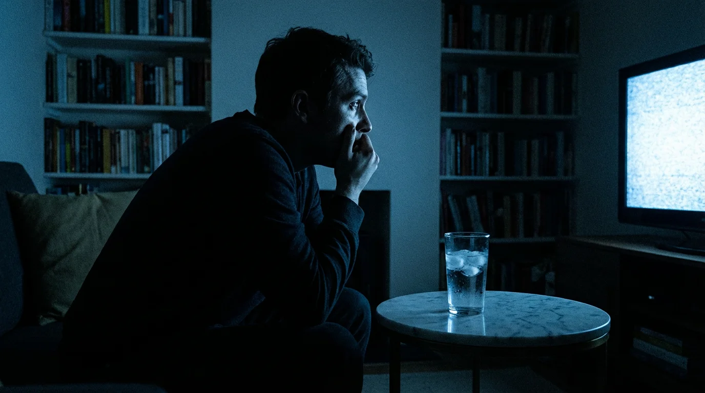 A person reacting with suspense to a thriller movie in a dark, atmospheric room.