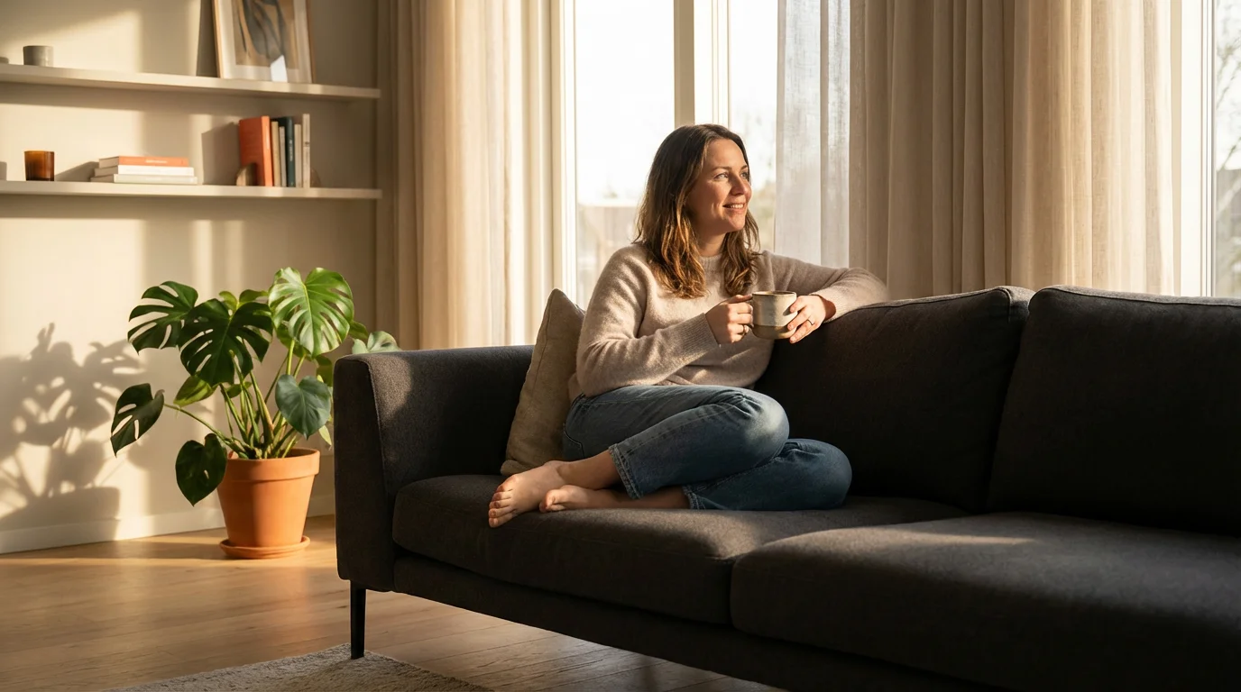 A person relaxes on a couch with a mug in a modern, sunlit living room.